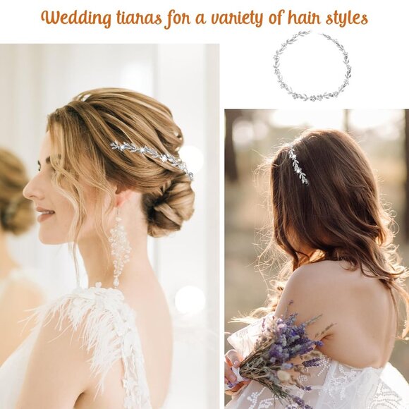 Crystal Leaf Pearl Hair Vine Tiara Headpiece with Flower Headband for Wedding Br - Picture 6 of 7